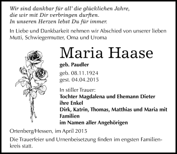 Traueranzeige von Maria Haase von Mitteldeutsche Zeitung Merseburg/Querfurt