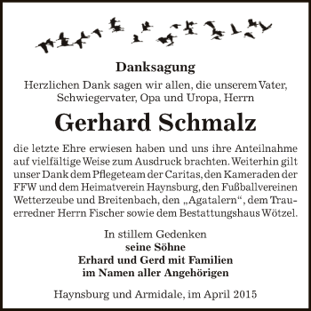 Traueranzeige von Gerhard Schmalz von Super Sonntag Zeitz