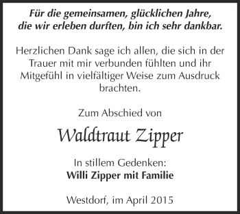 Traueranzeige von Waldtraut Zipper von Super Sonntag Aschersleben