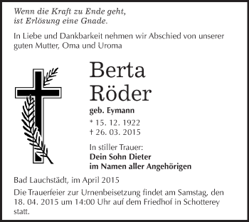 Traueranzeige von Berta Röder von WVG - Wochenspiegel Merseburg
