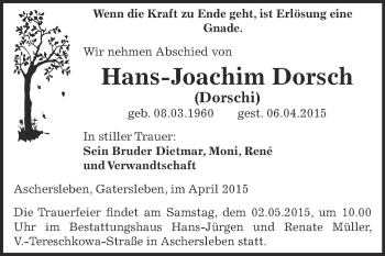 Traueranzeige von Hans-Joachim Dorsch von Super Sonntag Aschersleben