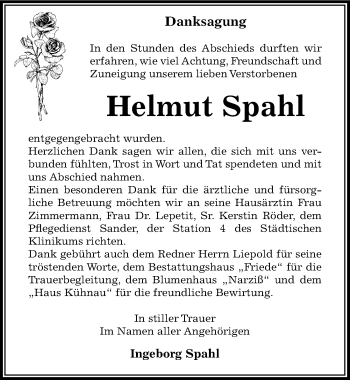 Traueranzeige von Helmut Spahl von Mitteldeutsche Zeitung Dessau-Roßlau