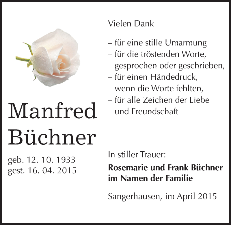  Traueranzeige für Manfred Büchner vom 30.04.2015 aus Mitteldeutsche Zeitung Sangerhausen