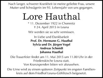 Traueranzeige von Lore Hauthal von Mitteldeutsche Zeitung Merseburg/Querfurt