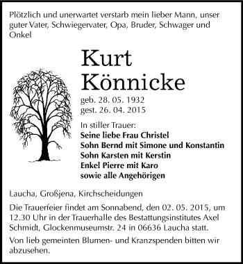 Traueranzeige von Kurt Könnicke von Mitteldeutsche Zeitung Naumburg/Nebra