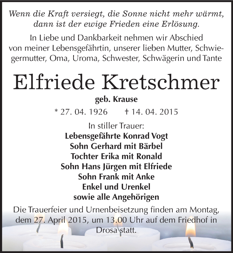  Traueranzeige für Elfriede Kretschmer vom 18.04.2015 aus Mitteldeutsche Zeitung Köthen