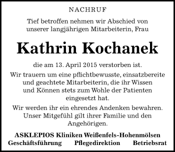 Traueranzeige von Kathrin Kochanek von Mitteldeutsche Zeitung Weißenfels