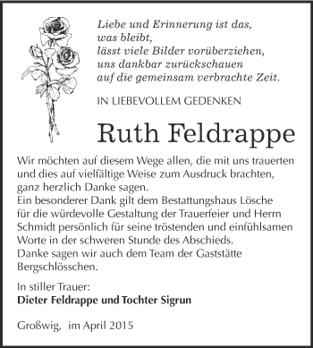 Traueranzeige von Ruth Feldrappe von WVG - Wochenspiegel Wittenberg