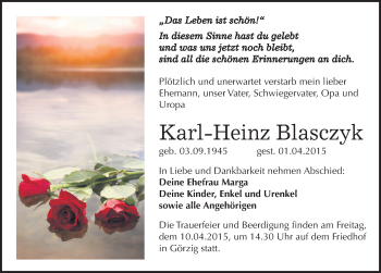 Traueranzeige von Karl-Heinz Blasczyk von Mitteldeutsche Zeitung Köthen