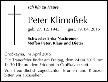 Traueranzeige von Peter Klimoßek von Mitteldeutsche Zeitung Merseburg/Querfurt