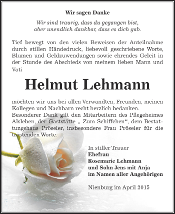 Traueranzeige von Helmut Lehmann von Super Sonntag Bernburg
