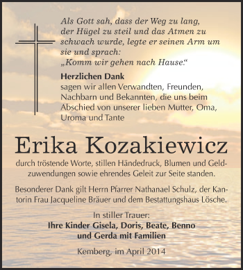 Traueranzeige von Erika Kozakiewicz von WVG - Wochenspiegel Wittenberg