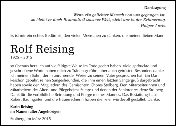 Traueranzeige von Rolf Reising von Mitteldeutsche Zeitung Sangerhausen