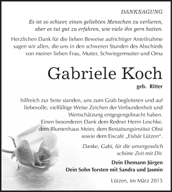Traueranzeige von Gabriele Koch von Super Sonntag Merseburg