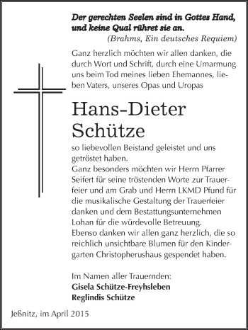 Traueranzeige von Hans-Dieter Schütze von WVG - Wochenspiegel Bitterfeld