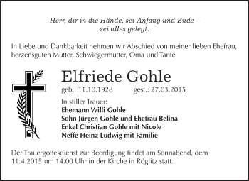 Traueranzeige von Elfriede Gohle von WVG - Wochenspiegel Merseburg