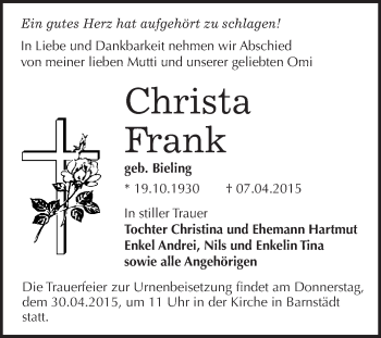 Traueranzeige von Christa Frank von WVG - Wochenspiegel Merseburg
