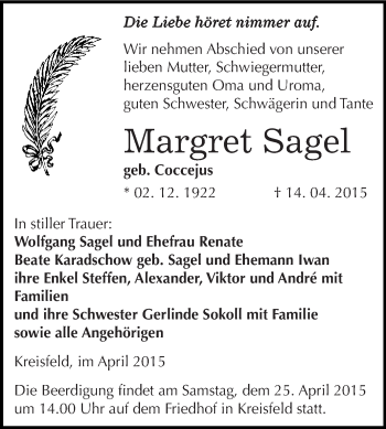 Traueranzeige von Margret Sagel von Wochenspiegel Mansfelder Land