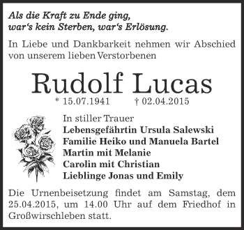 Traueranzeige von Rudolf Lucas von Super Sonntag Bernburg