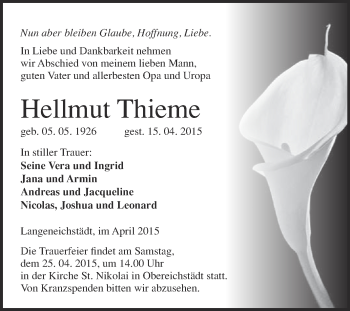 Traueranzeige von Hellmut Thieme von WVG - Wochenspiegel Merseburg