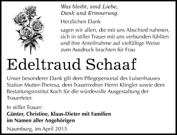 Traueranzeige von Edeltraud Schaaf von Mitteldeutsche Zeitung Naumburg/Nebra