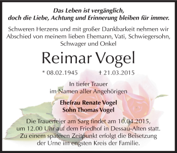 Traueranzeige von Reimar Vogel von Mitteldeutsche Zeitung Dessau-Roßlau
