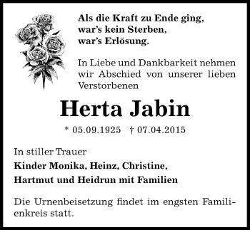 Traueranzeige von Herta Jabin von Mitteldeutsche Zeitung Bernburg