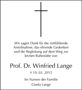 Traueranzeige von Winfried Lange von Mitteldeutsche Zeitung Köthen