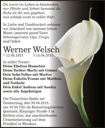 Traueranzeige von Werner Wels von WVG - Wochenspiegel Dessau / Köthen