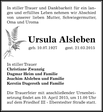 Traueranzeige von Ursula Alsleben von Mitteldeutsche Zeitung Bernburg