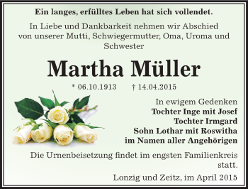 Traueranzeige von Martha Müller von Mitteldeutsche Zeitung Zeitz