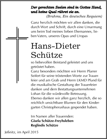 Traueranzeige von Hans-Dieter Schütze von Mitteldeutsche Zeitung Bitterfeld