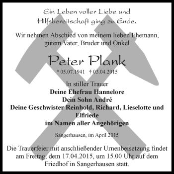 Traueranzeige von Peter Plank von Super Sonntag SGH Mansf. Land