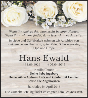 Traueranzeige von Hans Ewald von Super Sonntag Merseburg
