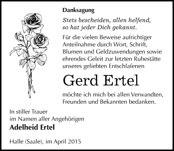 Traueranzeige von Gerd Ertel von Mitteldeutsche Zeitung Halle/Saalkreis