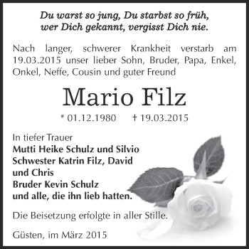 Traueranzeige von Mario Filz von Super Sonntag Bernburg