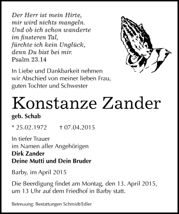 Traueranzeige von Konstanze Zander von Mitteldeutsche Zeitung Dessau-Roßlau