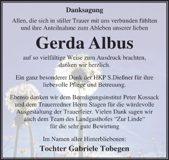 Traueranzeige von Gerda Albus von WVG - Wochenspiegel Dessau / Köthen