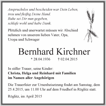 Traueranzeige von Bernhard Kirchner von Super Sonntag Merseburg