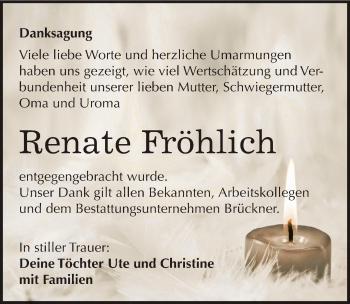 Traueranzeige von Renate Fröhlich von Mitteldeutsche Zeitung Weißenfels