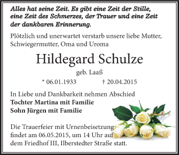 Traueranzeige von Hildegard Schulze von Mitteldeutsche Zeitung Bernburg