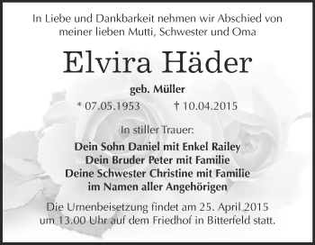 Traueranzeige von Elvira Häder von WVG - Wochenspiegel Bitterfeld