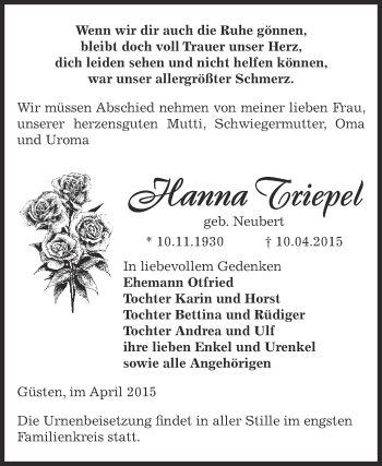 Traueranzeige von Hanna Triepel von Super Sonntag Bernburg