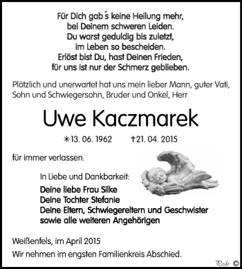 Traueranzeige von Uwe Kaczmarek von WVG - Wochenspiegel NMB / WSF / ZTZ