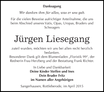 Traueranzeige von Jürgen Liesegang von Super Sonntag SGH Mansf. Land