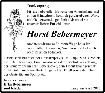 Traueranzeige von Horst Bebermeyer von Super Sonntag Quedlinburg