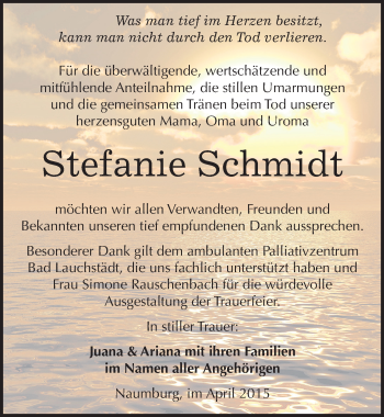 Traueranzeige von Stefanie Schmidt von Mitteldeutsche Zeitung Naumburg/Nebra