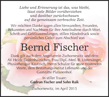 Traueranzeige von Bernd Fischer von WVG - Wochenspiegel Wittenberg