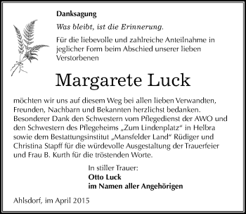 Traueranzeige von Margarete Luck von Mitteldeutsche Zeitung Mansfelder Land
