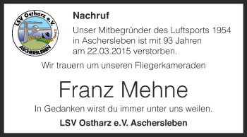 Traueranzeige von Franz Mehne von Super Sonntag Aschersleben
